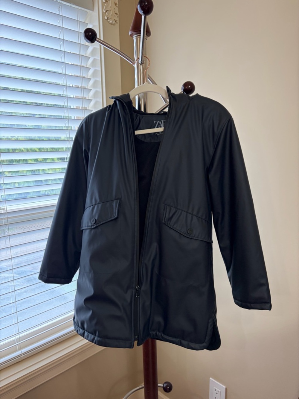 Zara Black Hooded Zip-Up faux leather Jacket